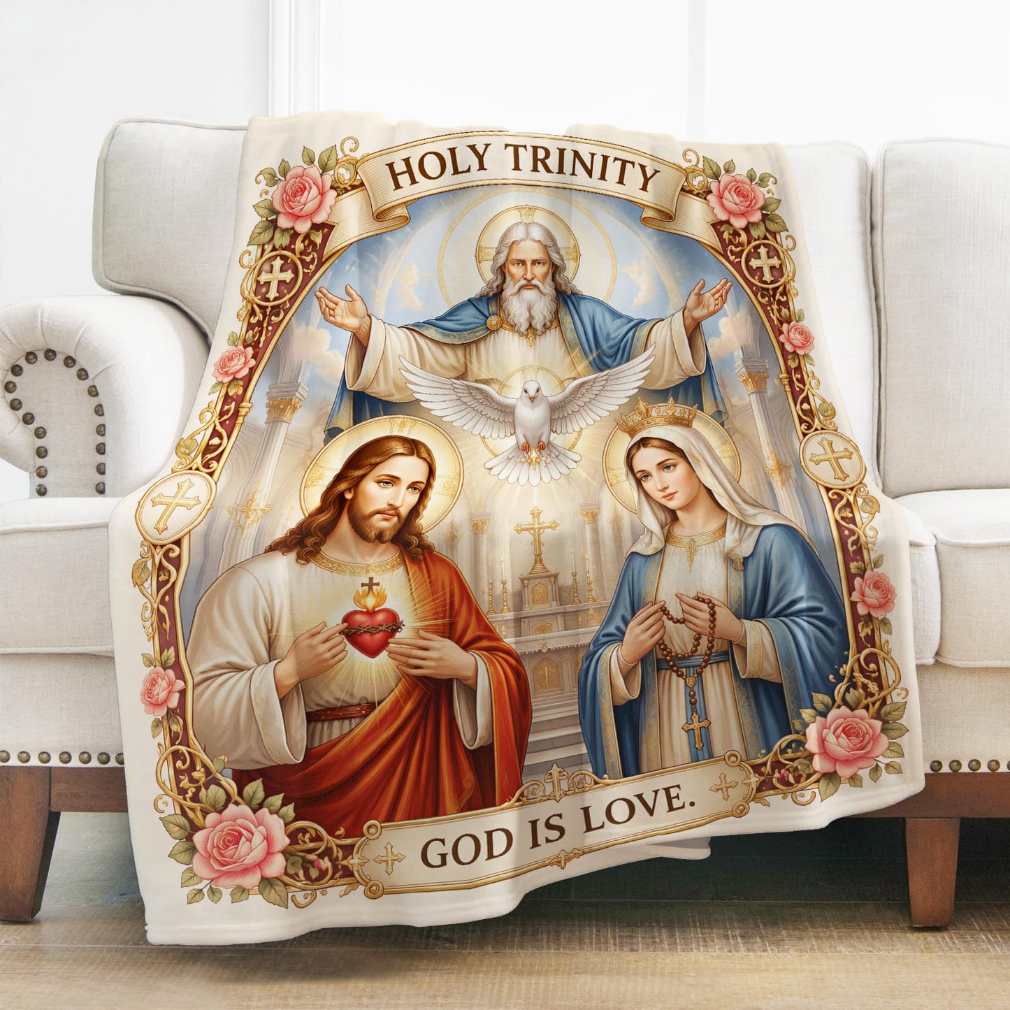 Levens Christian Holy Trinity Flannel Throw Blanket 50x60 | Sacred Heart Jesus Mary Religious Blanket for Christian Gift, Chapel, Prayer Room, Meditative Devotional Decor, Spiritual Blessing Gift