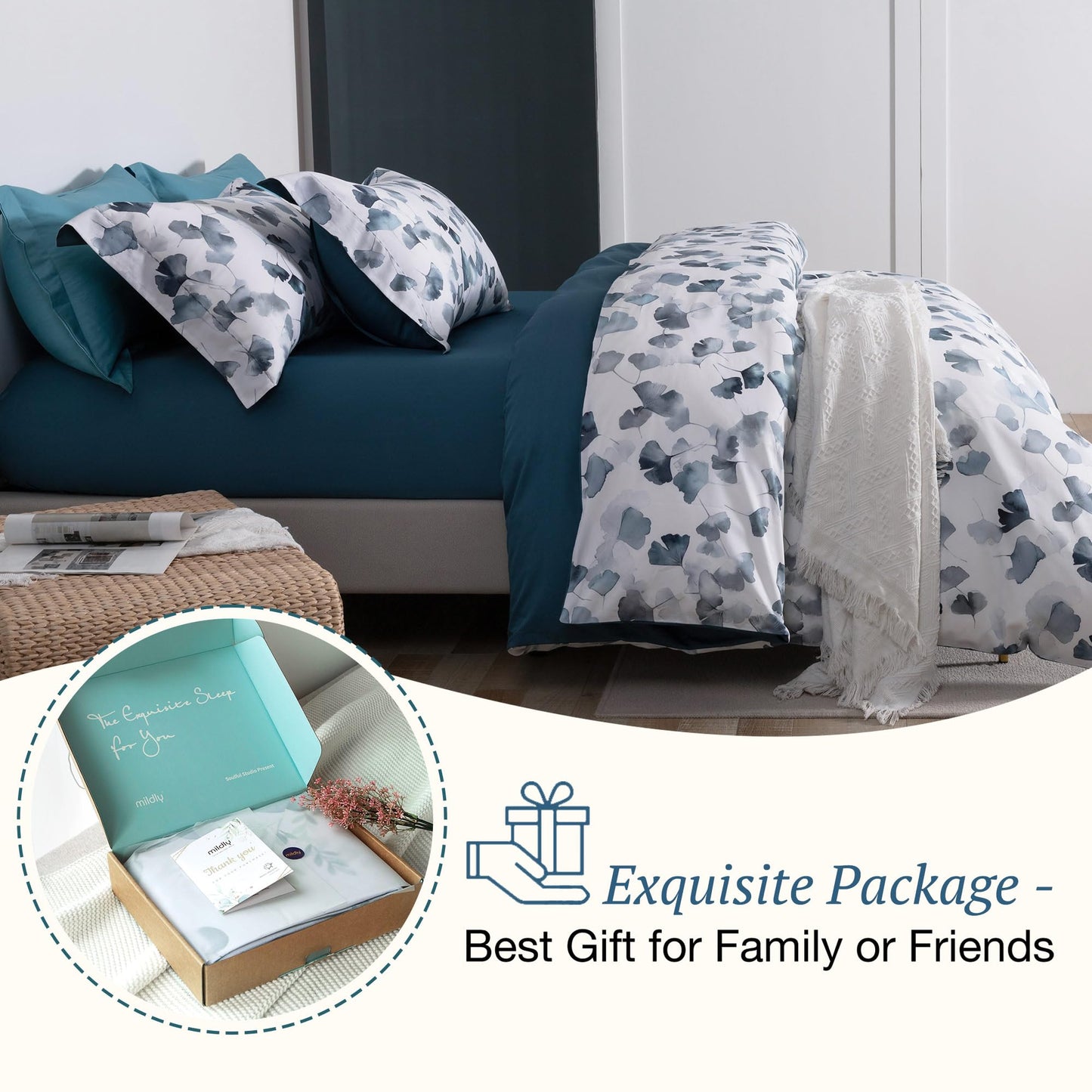 MILDLY 100% Long-Staple Cotton Duvet Cover Set Light Navy Ginkgo Leaf Pattern Printed Comforter Cover 3pcs, Ultra Soft & Breathable Bedding Set