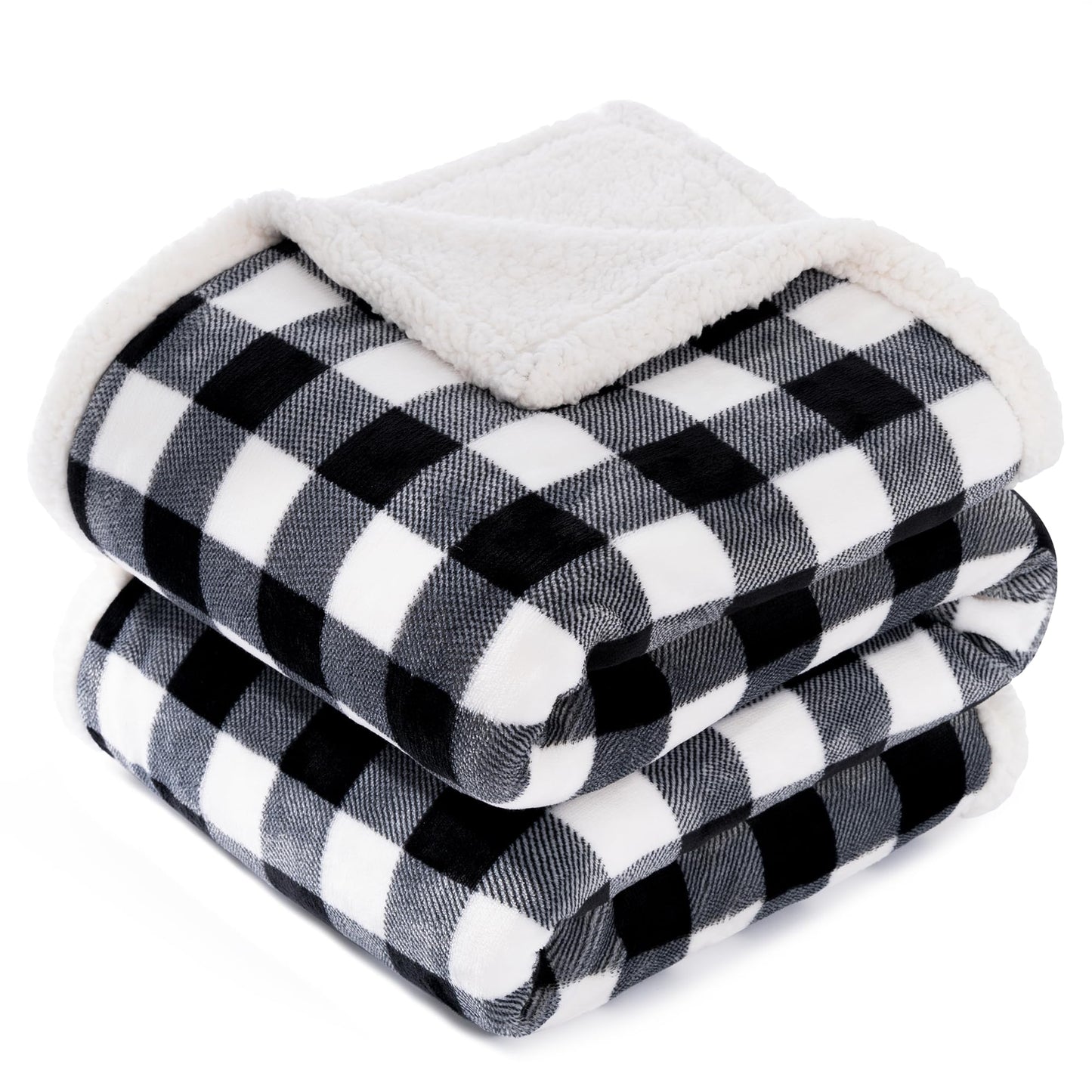 BEAUTEX Sherpa Fleece Flannel Throw Blanket, Super Soft Warm Buffalo Plaid Plush Blankets and Throws, Lightweight Cozy Fuzzy Blanket for Couch Sofa Bed (Black, Throw 50" x 60")