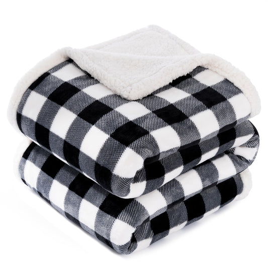 BEAUTEX Sherpa Fleece Flannel Throw Blanket, Super Soft Warm Buffalo Plaid Plush Blankets and Throws, Lightweight Cozy Fuzzy Blanket for Couch Sofa Bed (Black, Throw 50" x 60")