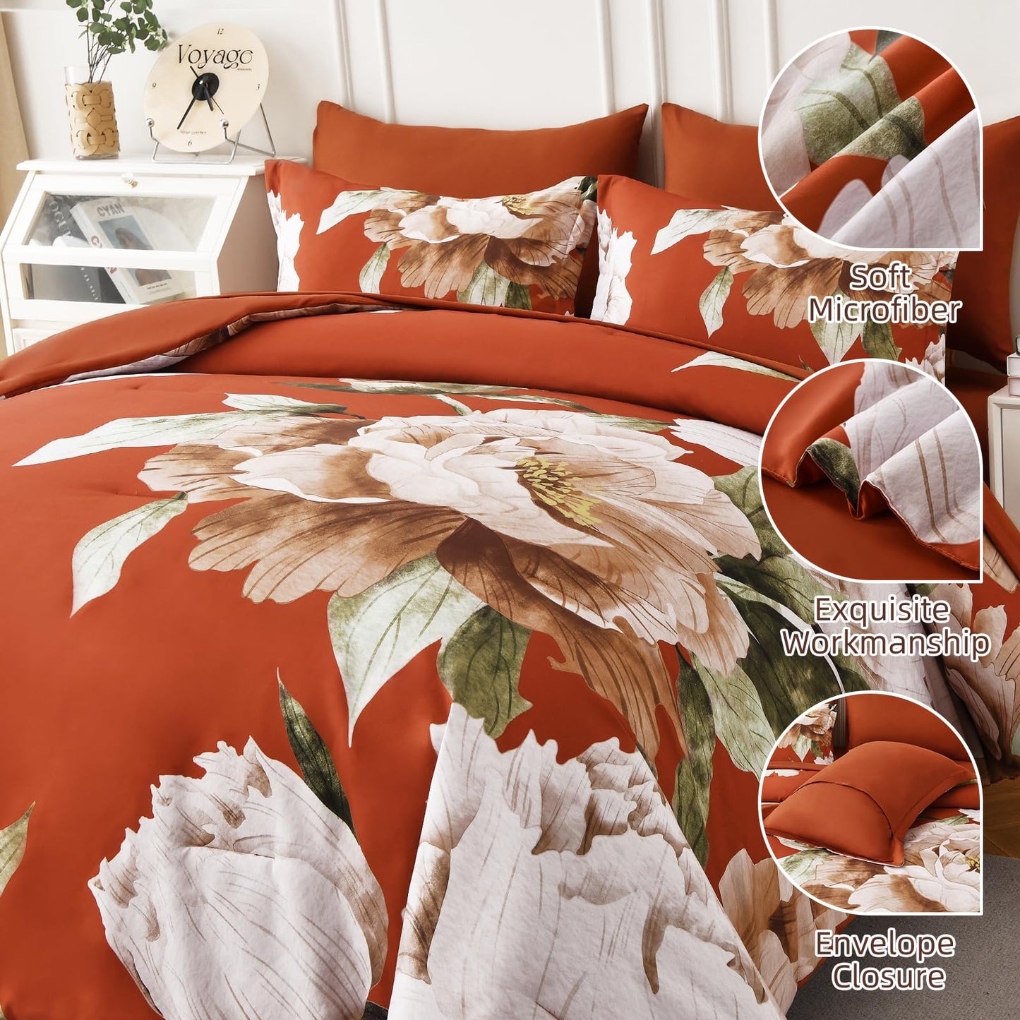 Dobuyly Burnt Orange Comforter Set Queen 7 Piece Bed in a Bag, Floral Printed on Terracotta Comforter Set with Sheets, Soft Microfiber Botanical Fall Bedding Set for All Season