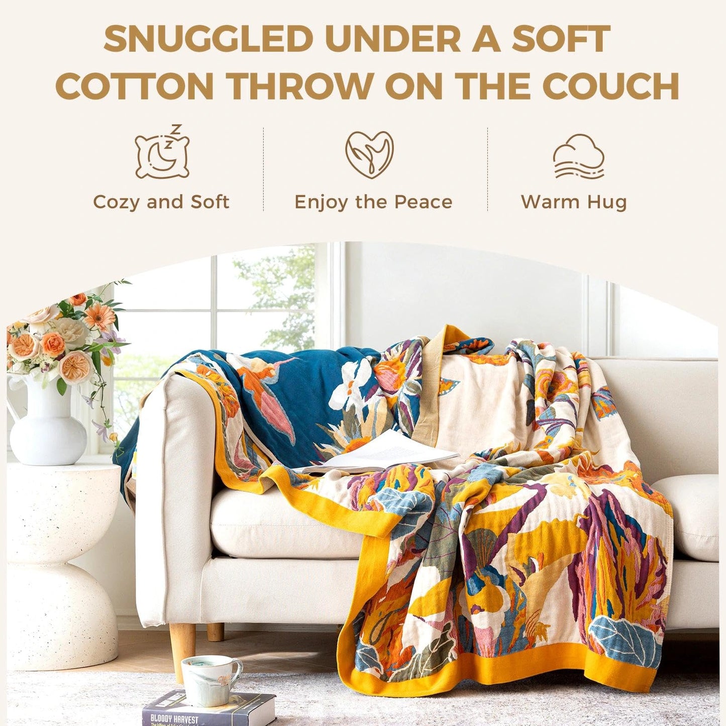 LUTBM Boho Throw Blanket 100% Cotton Soft Bed Throw Twin Lightweight Summer Blanket Floral Bird & Butterfly Room Decor Breathable Bed Blankets,60"x80" All Season Reversible Blankets for Couch Chair