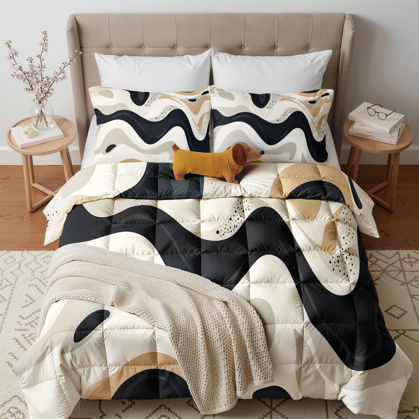 Abstract Comforter Queen Size - 3 Pcs Bed Set, All Season Comforter & 2 Pillowcases, Black White Beige Bedding Set, Soft Lightweight Down Alternative Duvet Insert, Mid Century Modern Bedroom Decor