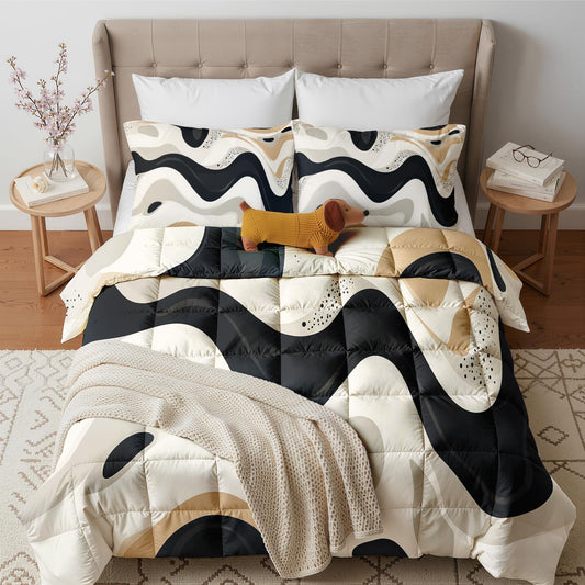 Abstract Comforter Queen Size - 3 Pcs Bed Set, All Season Comforter & 2 Pillowcases, Black White Beige Bedding Set, Soft Lightweight Down Alternative Duvet Insert, Mid Century Modern Bedroom Decor