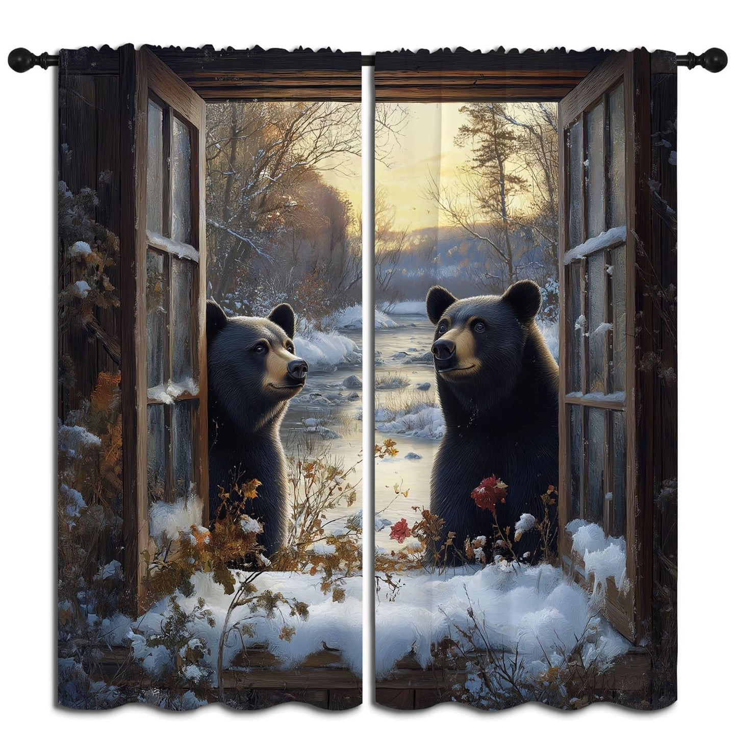 Black Bear Boy Girls Blackout Curtains,Rustic Winter Snow Scene Country Farmhouse Wildlife Vintage, 2 Panel Rod Pocket Thermal Insulated Drapes for Bedroom, Living, Kids Teen Room Deco 55x63 inch