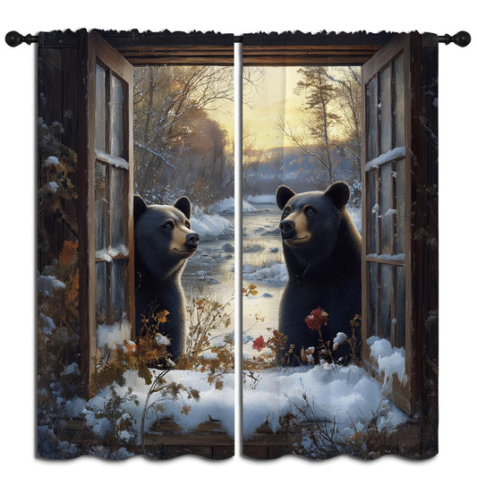 Black Bear Boy Girls Blackout Curtains,Rustic Winter Snow Scene Country Farmhouse Wildlife Vintage, 2 Panel Rod Pocket Thermal Insulated Drapes for Bedroom, Living, Kids Teen Room Deco 55x63 inch