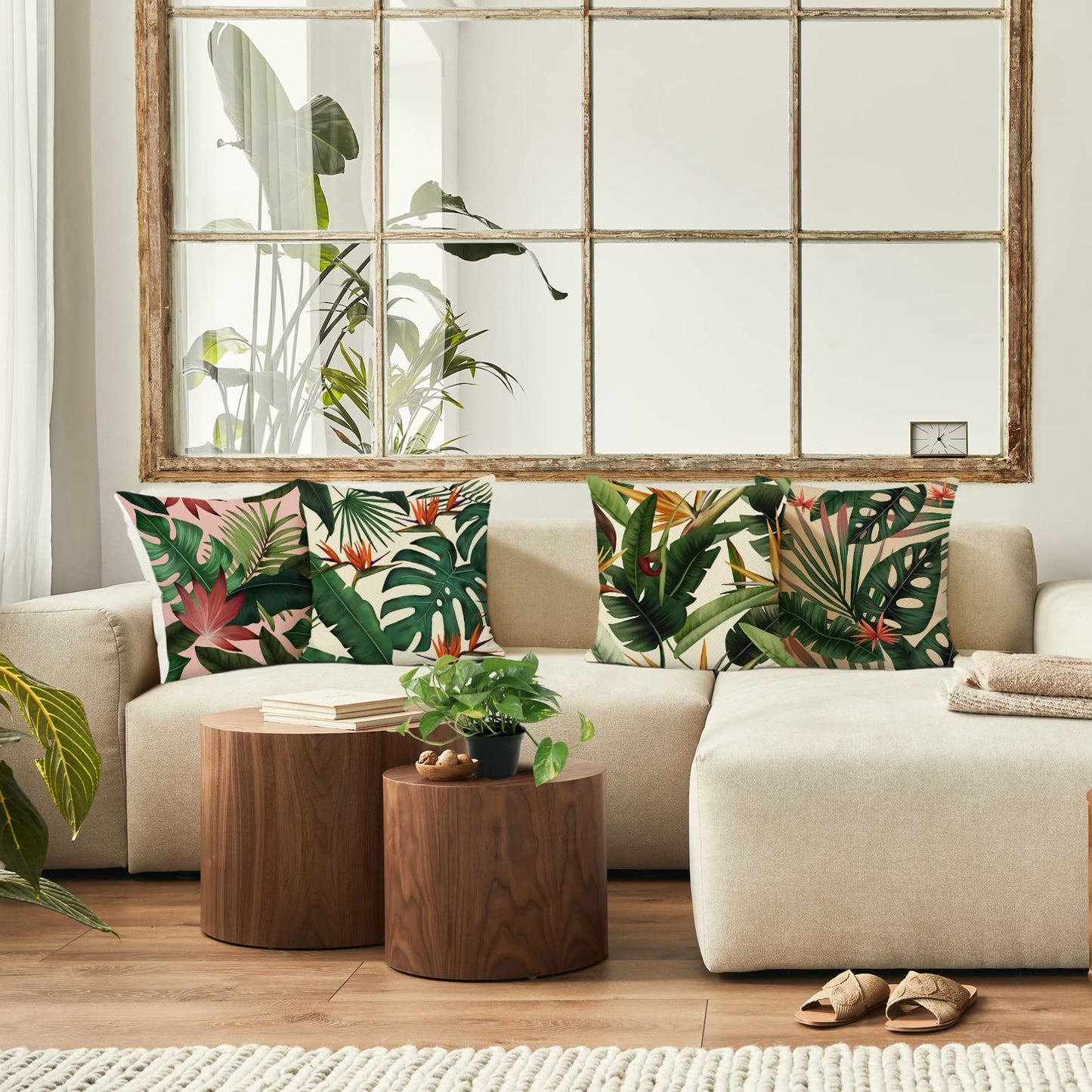 Bonhause Tropical Leaves Throw Pillow Covers 18x18 Set of 4 Green Palm Leaf Monstera Botanical Pillows Case Polyester Linen Cushion Covers for Outdoor Couch Sofa Patio Decor