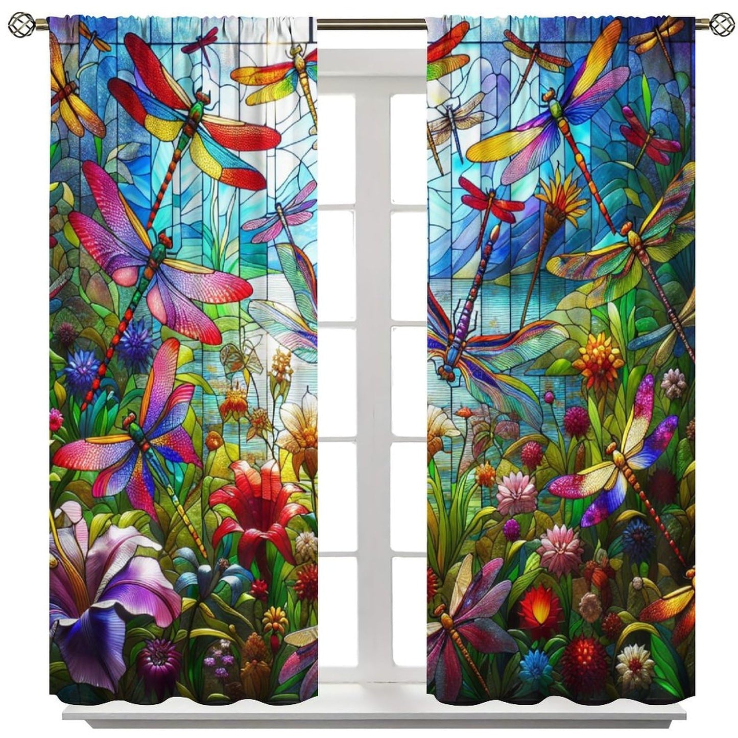 FengMingRui Dream Stained Glass Curtains Dragonfly Flowers Fantasy Nature Scenery Floral Blackout Window Treatments for Kids Boys Girls Bedroom Living Room Window Drapes 42" W X 45" L