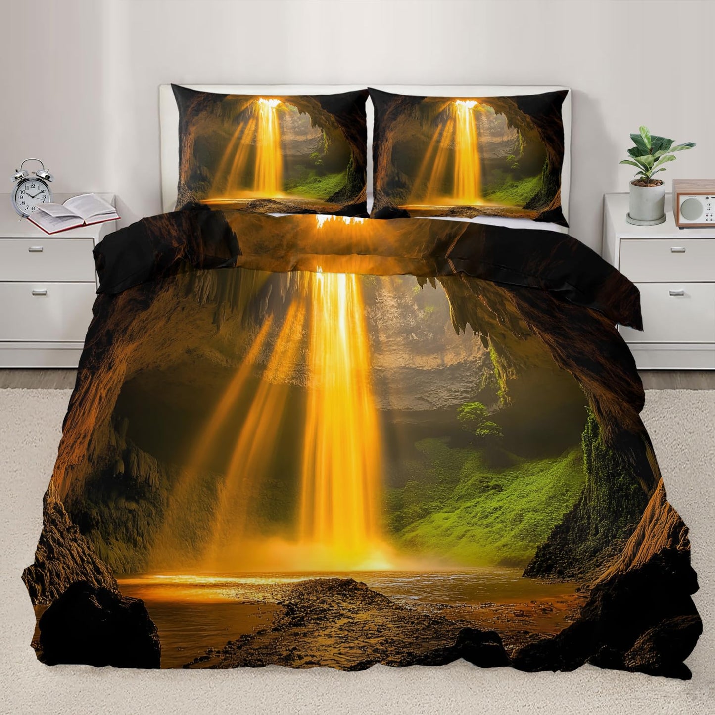 Waterfall Duvet Cover Full Size, Cave Waterfall Comforter Cover 80" x 90", Fantasy Natural Landscape Bedding Set with 2 Pillowcases