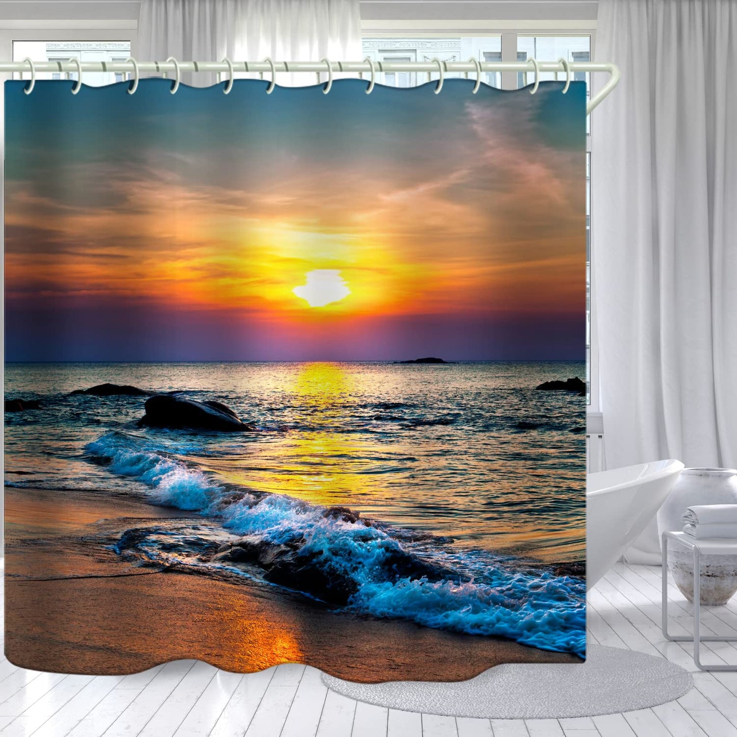 LYFANS Bathroom Uses a Sunny Sea Surface 3D Shower Curtains, The Tub Uses a Luxury Standard Shower Curtains, and The Waterproof Washable Fabric Shower Curtain, 72x72 Inches.