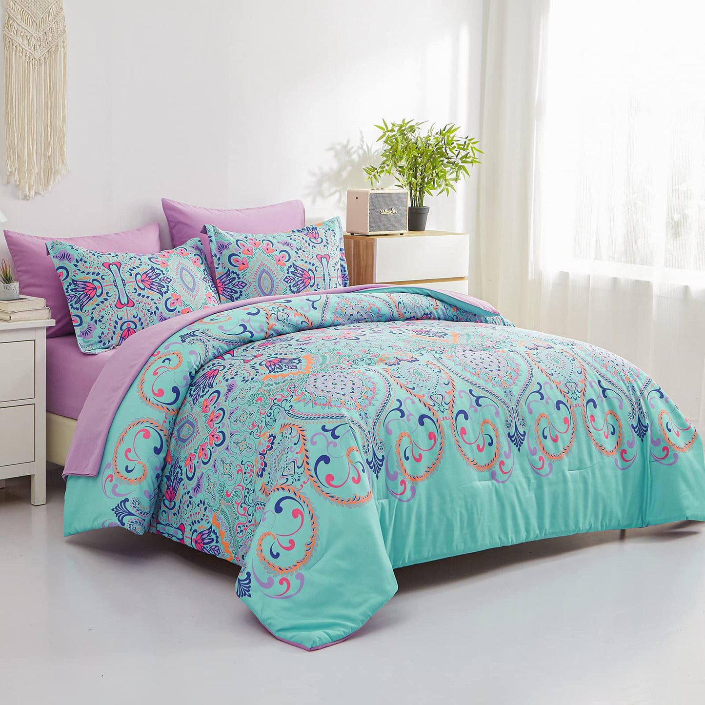 DHSFKBE Queen Comforter Set, 7 Piece Bed in a Bag, Boho Aqua and Lilac Damask Medallion Print Comforter with Sheets, Soft Microfiber Complete Bedding Set for All Season (Aqua, Queen)