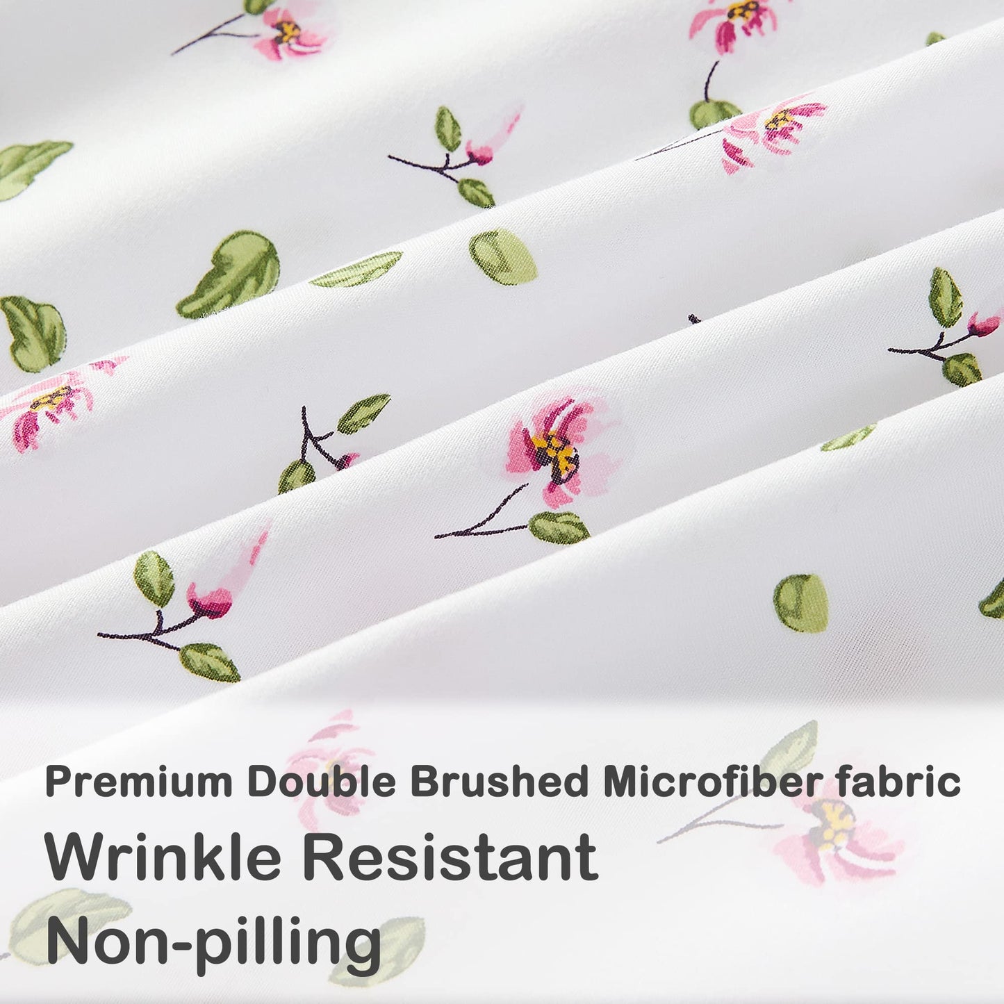 Mooreeke Full Sheets Set - 4 Pieces Soft Breathable Microfiber Bed Sheet Set - Pink Flower Green Leaf Pattern Sheet Set - Deep Pocket Non-Slip Floral Printed Fitted Sheet Included for All Season