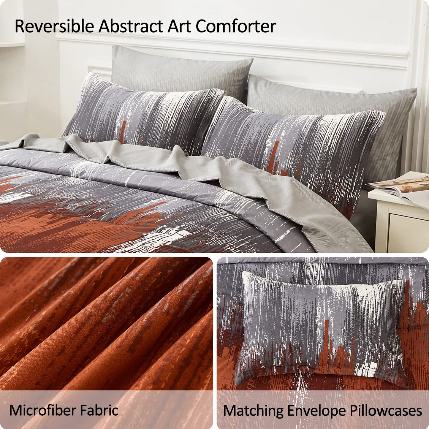 WONGS BEDDING Comforter Set King, Burnt Orange 7 Pieces Bed in a Bag Abstract Gradient Soft Microfiber Terracotta Bedding Set with Flat Sheet, Fitted Sheet, Pillow Shams, Pillowcases