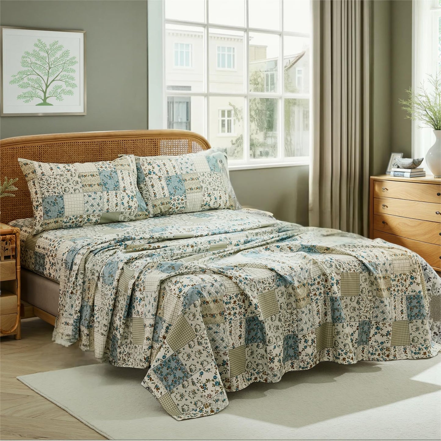 Cozaline Shabby Chic Floral Patchwork Sheets Set Queen Size, Crisp Cooling Sheets with a Smooth Cotton Percale Lightweight Feel, 4 Pieces Luxury Soft Deep Pocket Fitted Sheet 17.5''