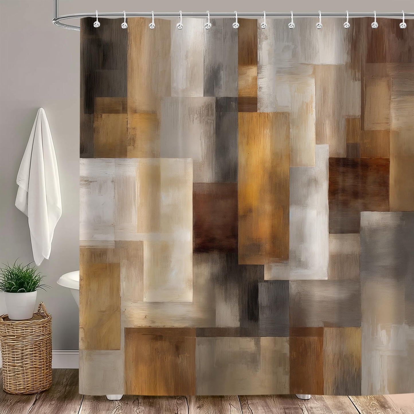 iTapnoom Abstract Brown Shower Curtain, Tan Rust Geometric Art Bathroom Decor, Modern Fabric Bath Curtain with 12 Hooks, 72 x 72 Inch