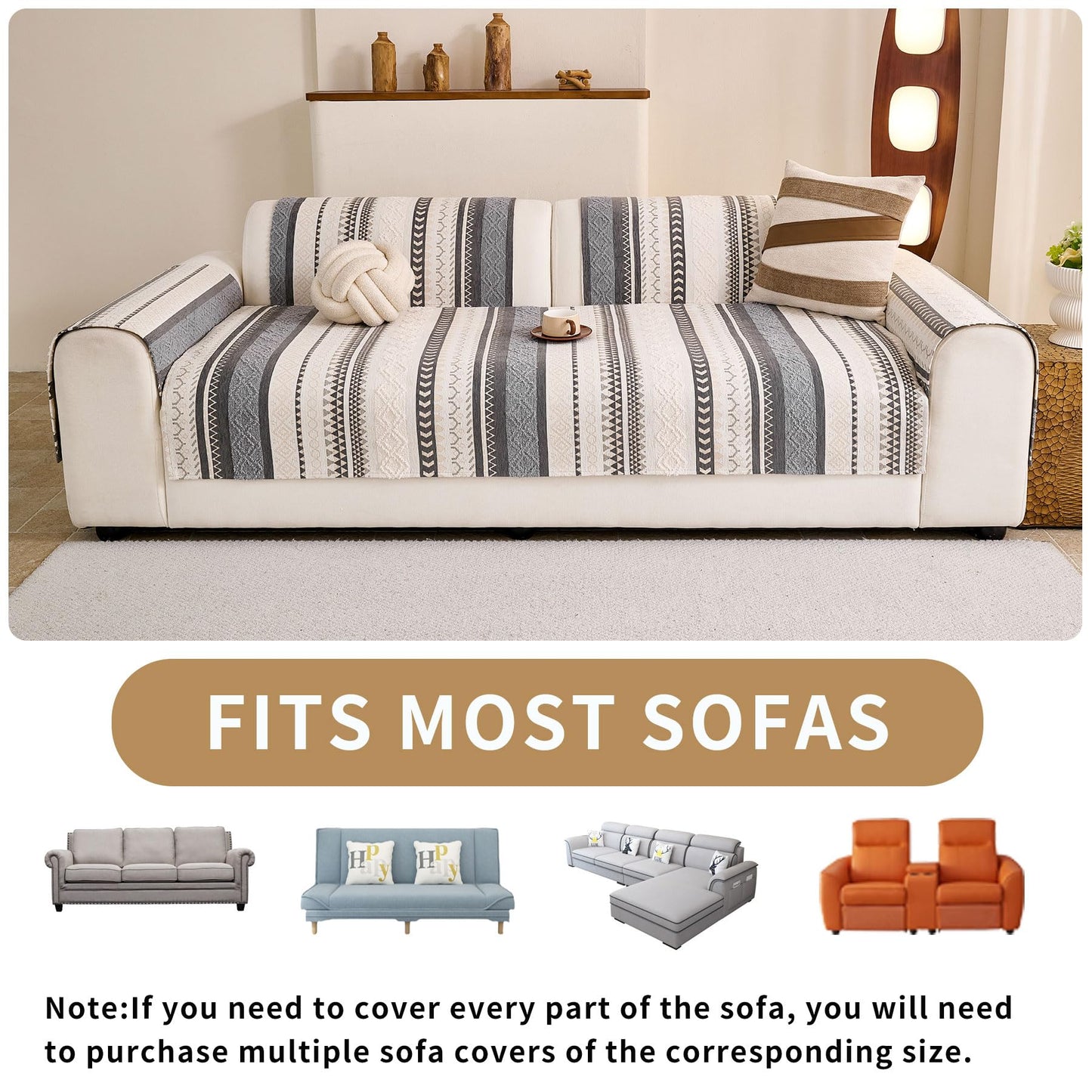 HAOMAIJIA Boho Couch Covers for Sofa, Waterproof Couch Cover for Dogs Soft Chenille Jacquard Non Slip Sofa Covers for Pets Washable Couch Protector (Grey, 36.5" x 74" 1 Pack)