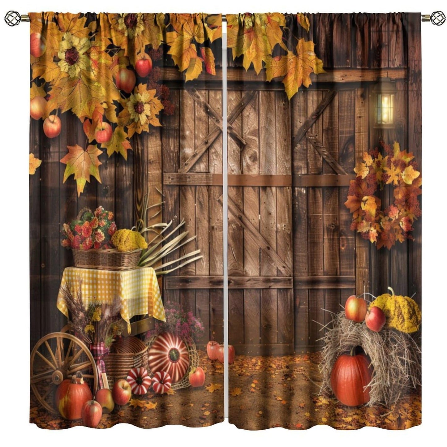 Nanacur Thanksgiving Curtains, Fall Rustic Vintage Farmhouse Barn Wooden Door Print Rod Pocket Window Treatments Drapes for Kitchen Bedroom Living Room 41" W X 45" L (No Blackout)