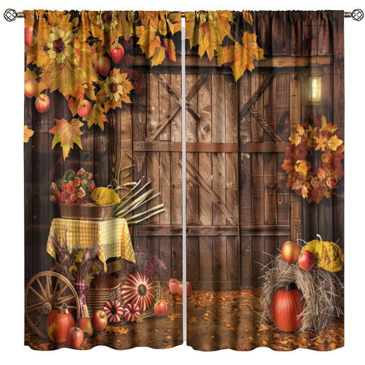 Nanacur Thanksgiving Curtains, Fall Rustic Vintage Farmhouse Barn Wooden Door Print Rod Pocket Window Treatments Drapes for Kitchen Bedroom Living Room 41" W X 45" L (No Blackout)