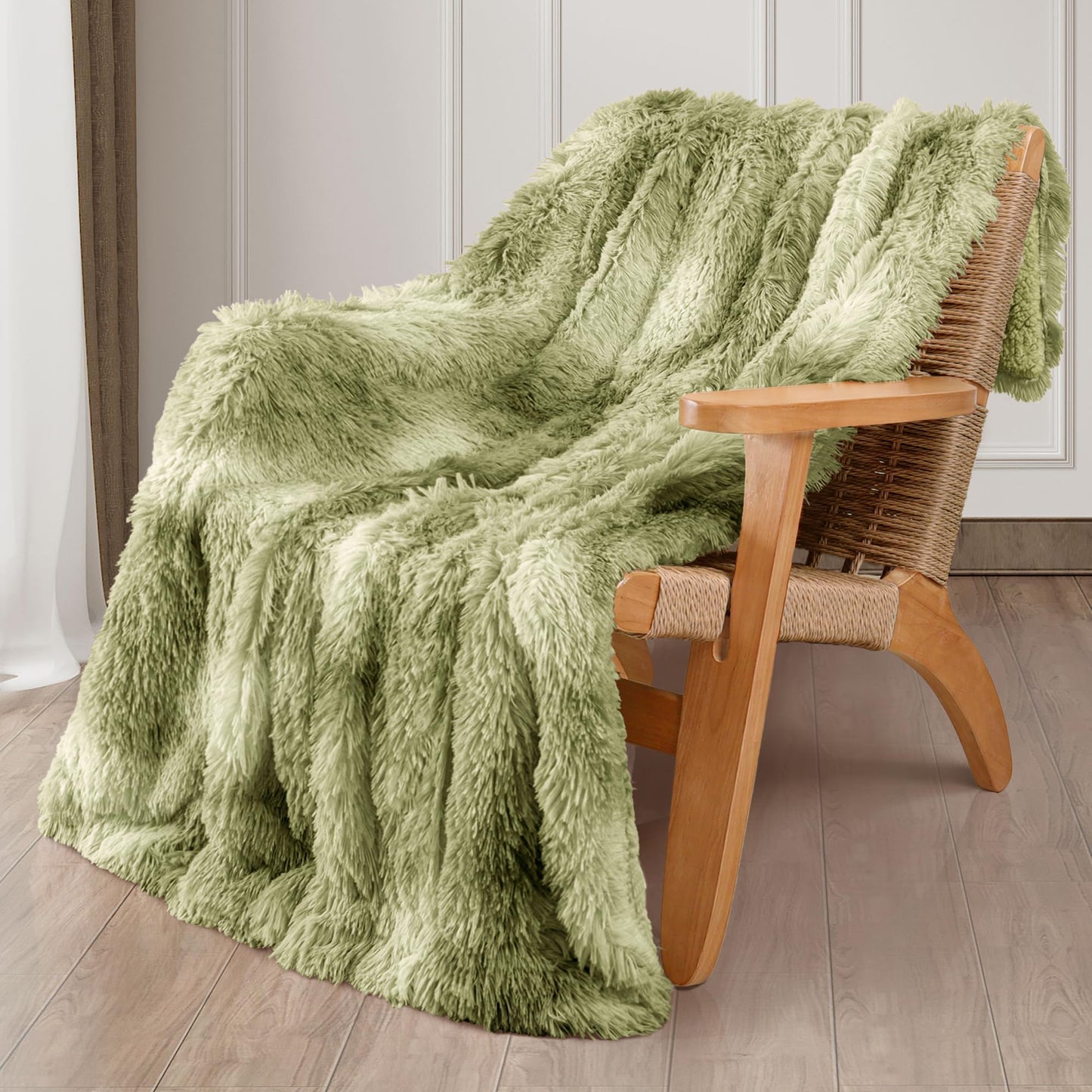 Exclusivo Mezcla Fuzzy Faux Fur Throw Blanket, Reversible Shaggy Sherpa Fleece Tie Dyed Blankets, Fluffy Plush Warm Throws for Couch, Bed, 50x60 Inches, Olive Green