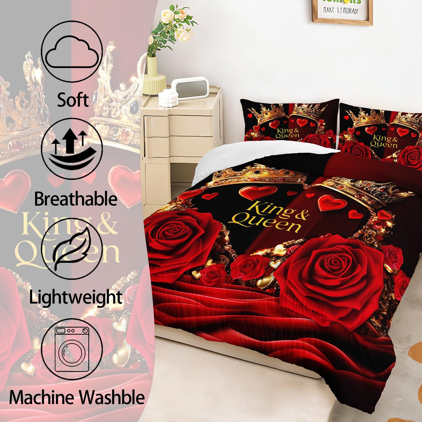 AILONEN Red and Black Rose Comforter Set Queen Size,Glod Crown Couple Bedding Set for Room,Romantic Flower Theme with 2 Pillowcases,3Pcs