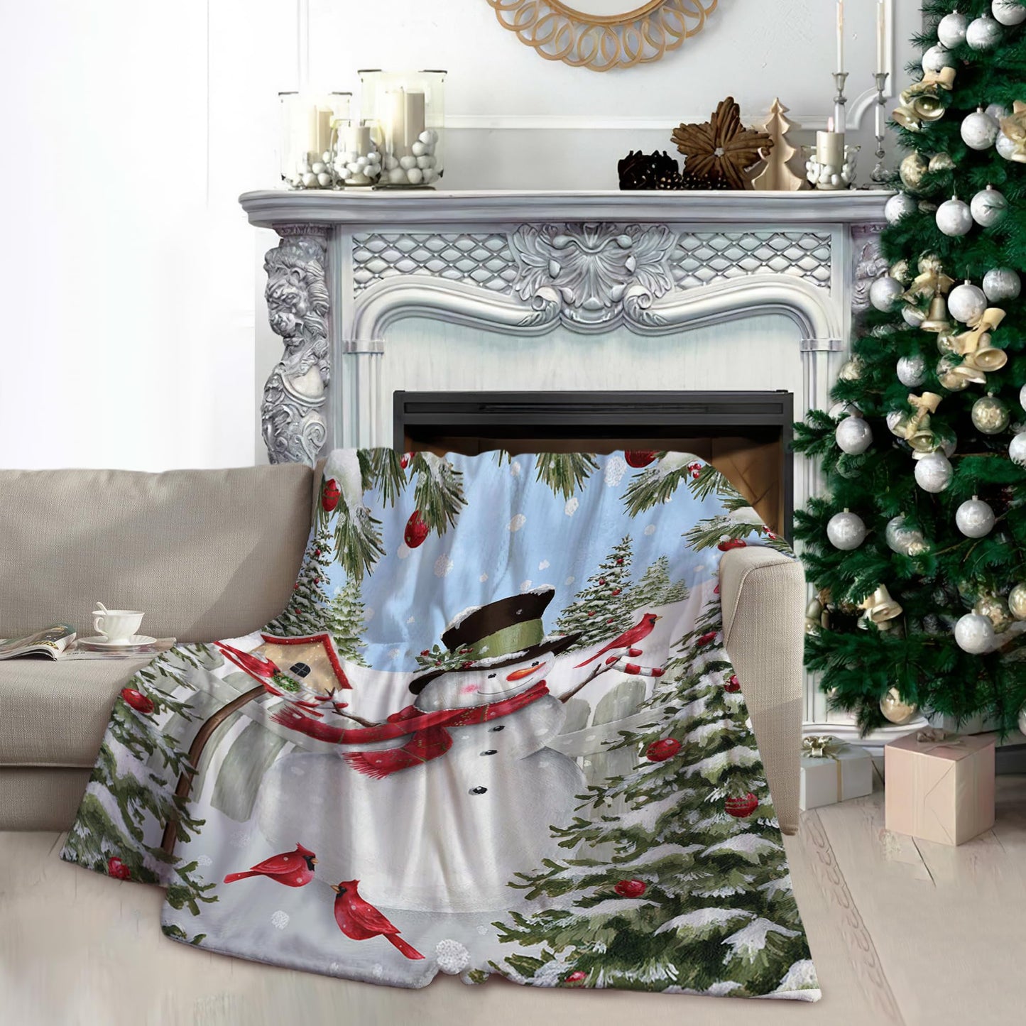 Christmas Fleece Blanket for Bed, Snowman and Birds Flannel Throw Blanket for Kids and Adults - Super Soft Plush Snowman Blanket Throw Plush Blanket for Snow Lovers 50X60 Inches