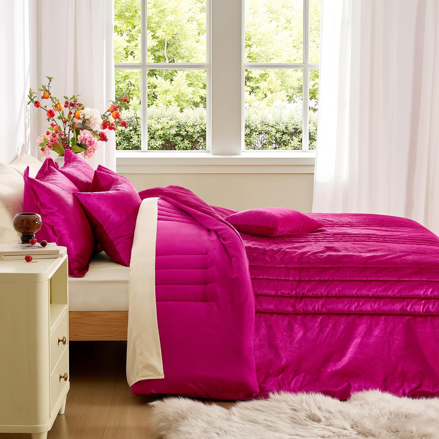 MUSSEL Hot Pink Queen Comforter Set 3 Pieces,Luxury Lightweight Fluffy All Season Cozy Velvet Bedding Comforter Sets,Neutral Striped Bedroom Comforter with 2 Shams
