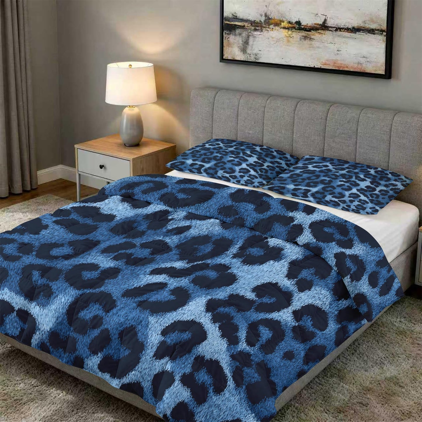 TANCAPRIUM Blue Leopard Print Comforter Set Twin - Animal Print Bedding Set & 2 Pilow Cases for All Season - Soft Reversible Down Alternative 3 Piece. Animal Skin Bedrom Decor