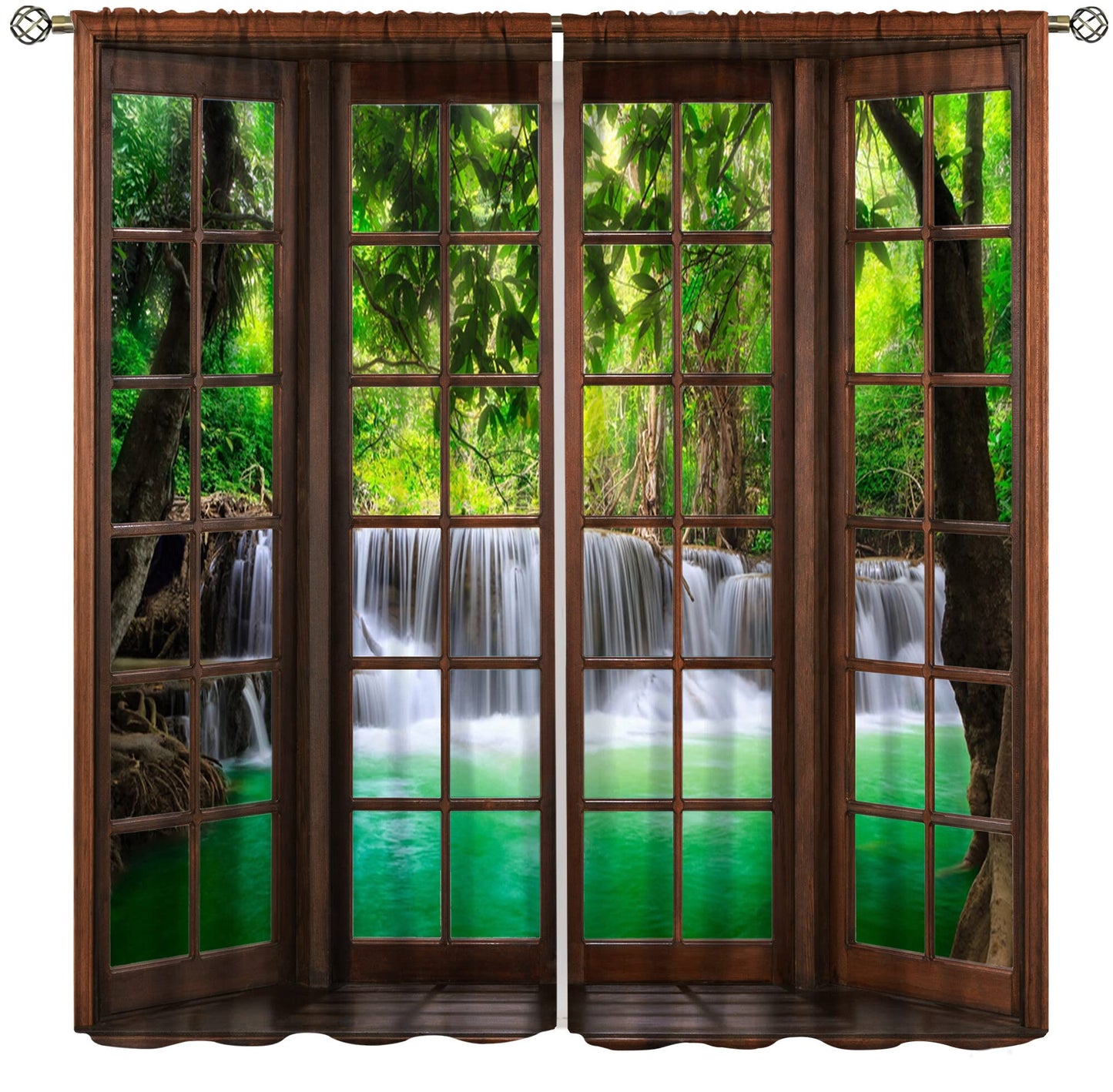 SENRUEGT Natural Landscape Window Curtains, 3D Spring Forest Waterfall Nature Scenery Print Bedroom Living Room Kitchen Window Treatments Drapes 42x45 Inch