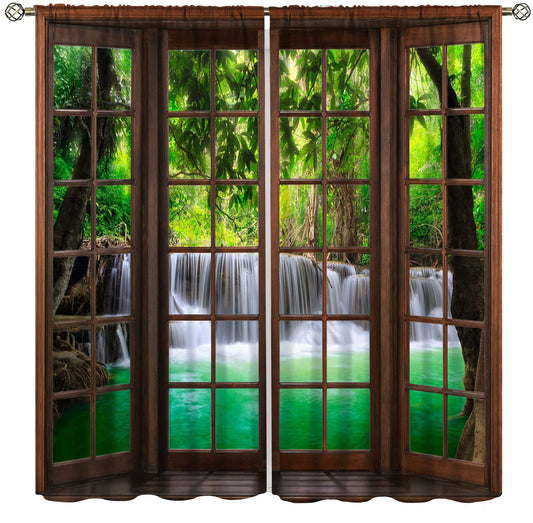 SENRUEGT Natural Landscape Window Curtains, 3D Spring Forest Waterfall Nature Scenery Print Bedroom Living Room Kitchen Window Treatments Drapes 42x45 Inch