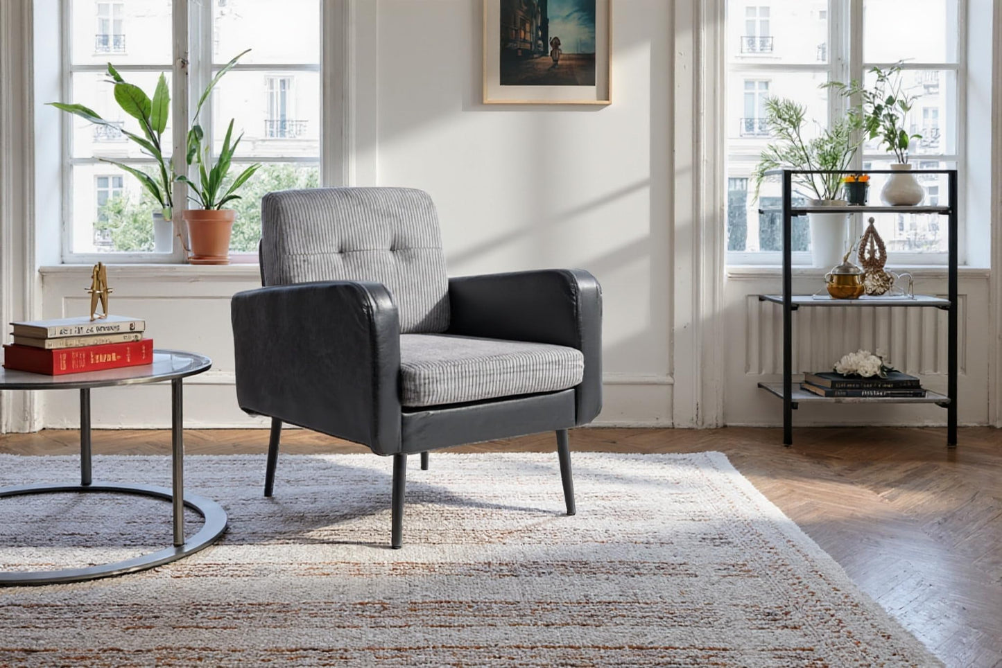 Accent Chair for Living Room armchair,Comfy Upholstered Modern armchair, Vintage Reading Chair, Versatile Sitting Chair with Metal Legs for Living Room Bedroom Office Waiting Room Study (Grey&Black)