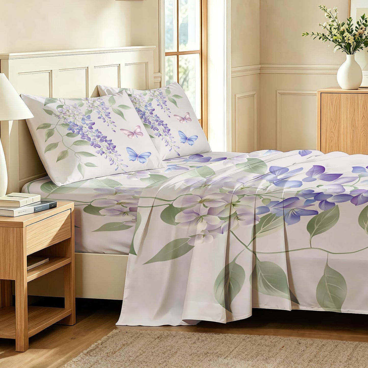 Wisteria Flower Sheet Set, 4 Pcs Queen Size Butterfly Bed Sheets
