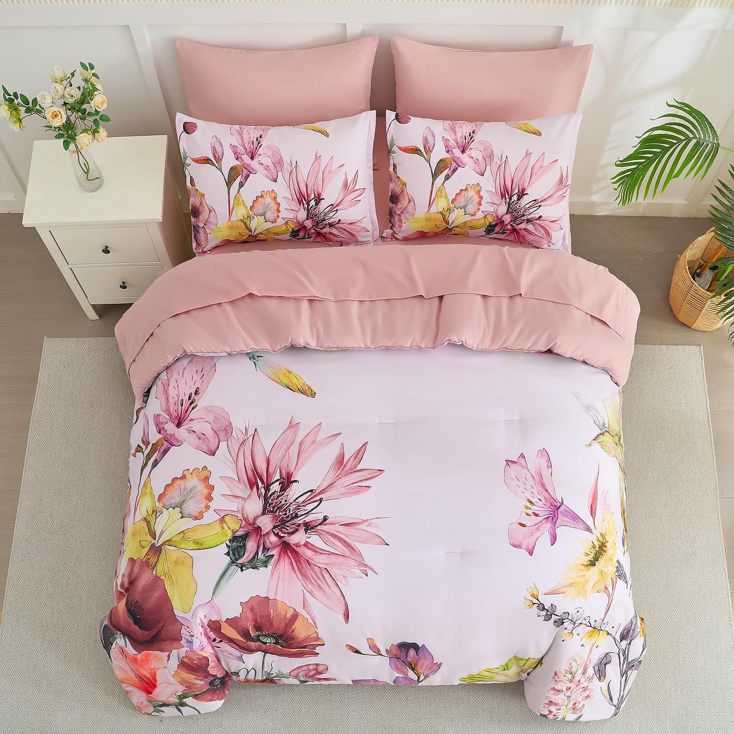 Yogeneg Queen Comforter Set 7 Piece Bed in a Bag,Elegant Floral Botanical Pattern Pink Bedding Set,Soft Microfiber Comforter with Sheet Set,All Season Bed Set(Blush Floral,Queen)
