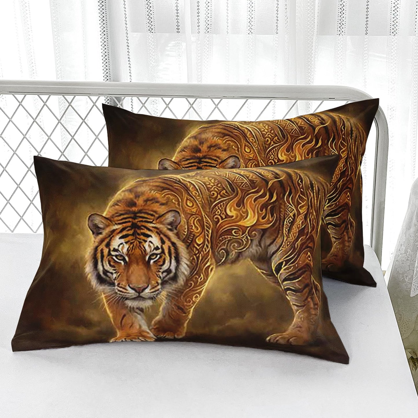 AILONEN Tiger Stripe Twin XL Fitted Sheet Set, Golden Smoke Printed Bedding with 2 Pillowcases, 16 Inch Pocket, Student Apartment Bedroom