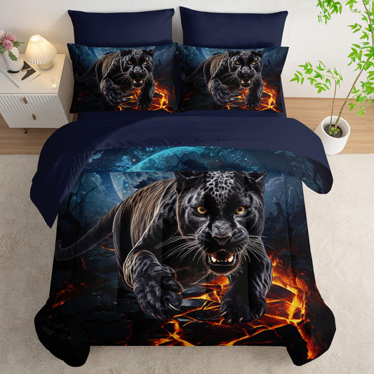 AILONEN Black Panther Comforter Set Full Size for Kids Boys 7Pcs Navy Blue Space Animal Bed in a Bag for Room Decor,1 Comforter & Fitted/Flat Sheet & 2 Pillowcases & 2 Pillow Shams