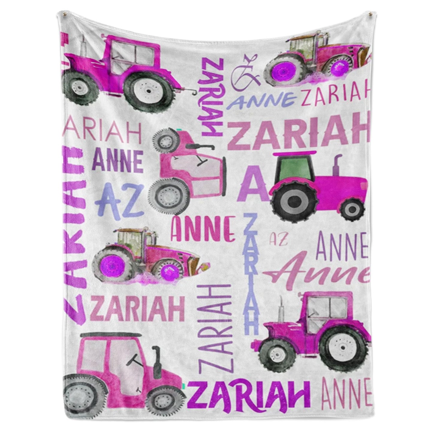 Personalized Tractors Blanket - Custom Name with Farm Tractor Trucks Design - Soft Plush Flannel Bed Blanket for Baby Kid Teen Boys Girls Customized Gifts White & Purple