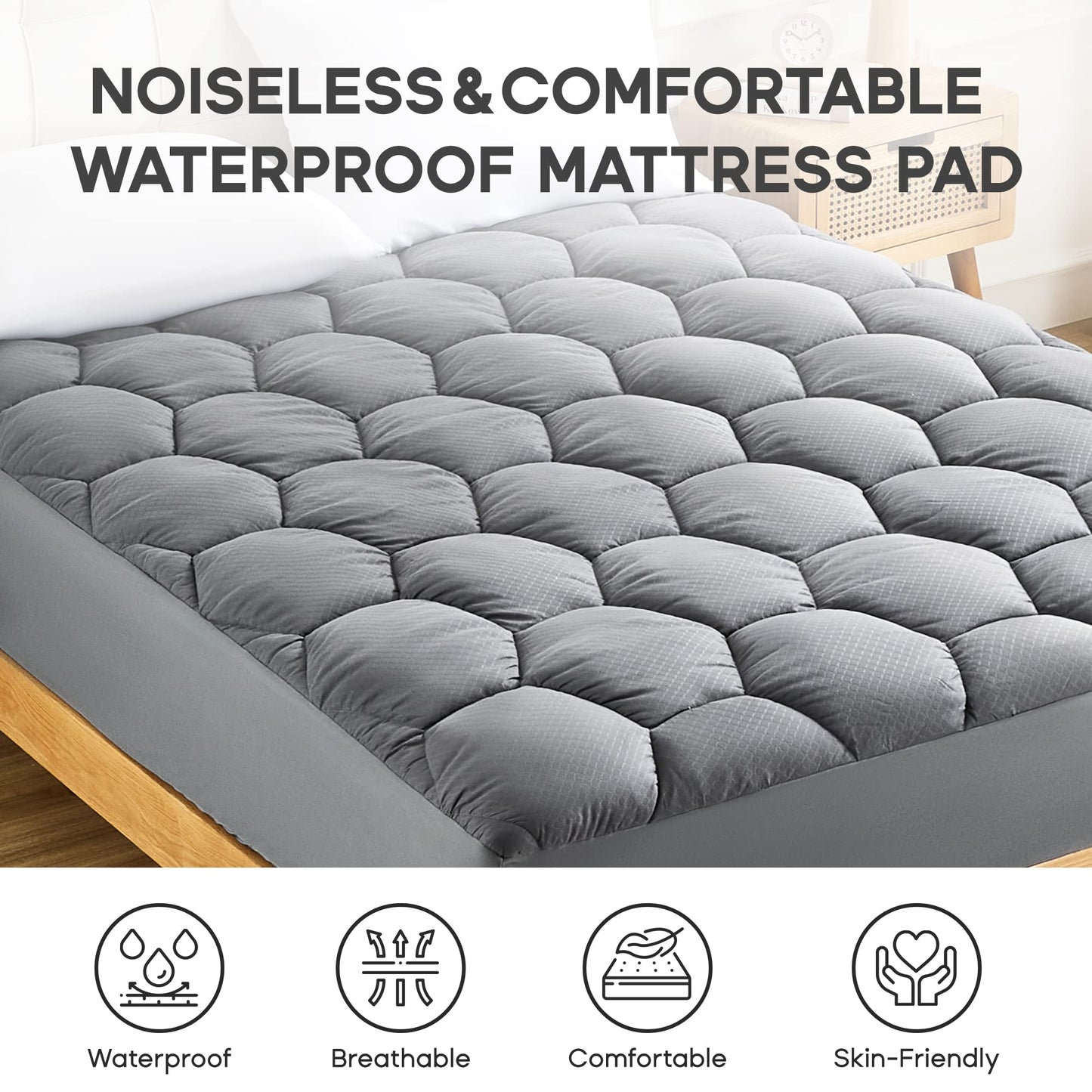 Sonive Waterproof Mattress Protector,Full Size Mattress Topper with Deep Pocket up to 21'',Quilted Fitted Waterproof Mattress Pad,Ultra Soft & Supportive, Durable & Easy Care, Oeko-Tex Certified Grey