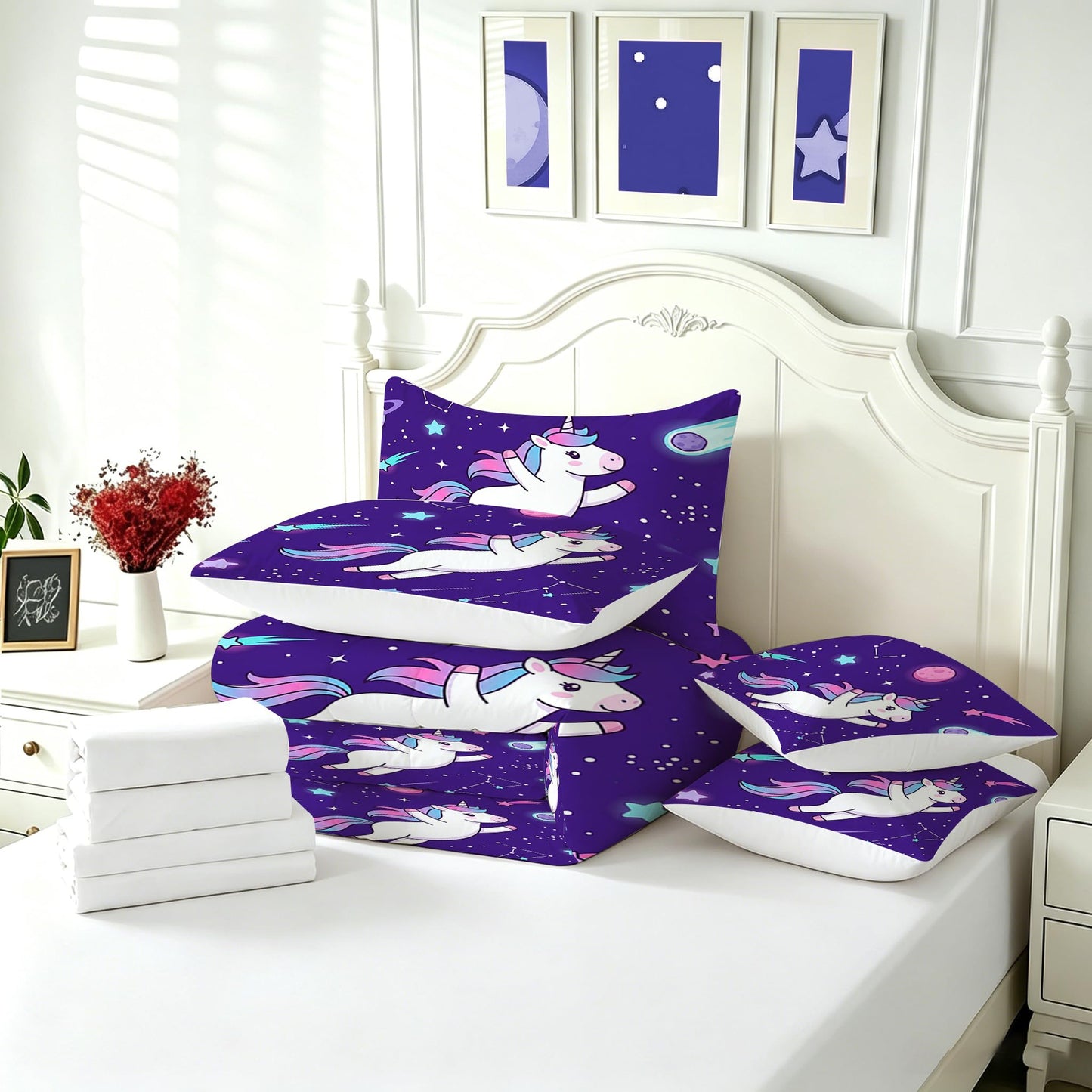 FUYEUN Unicorn King Comforter Set with Sheets for Kids Boys Girls Starry Sky Print 7 Pieces Cute Bedding Set Cartoon Animal Bed in a Bag Princess Room Decor
