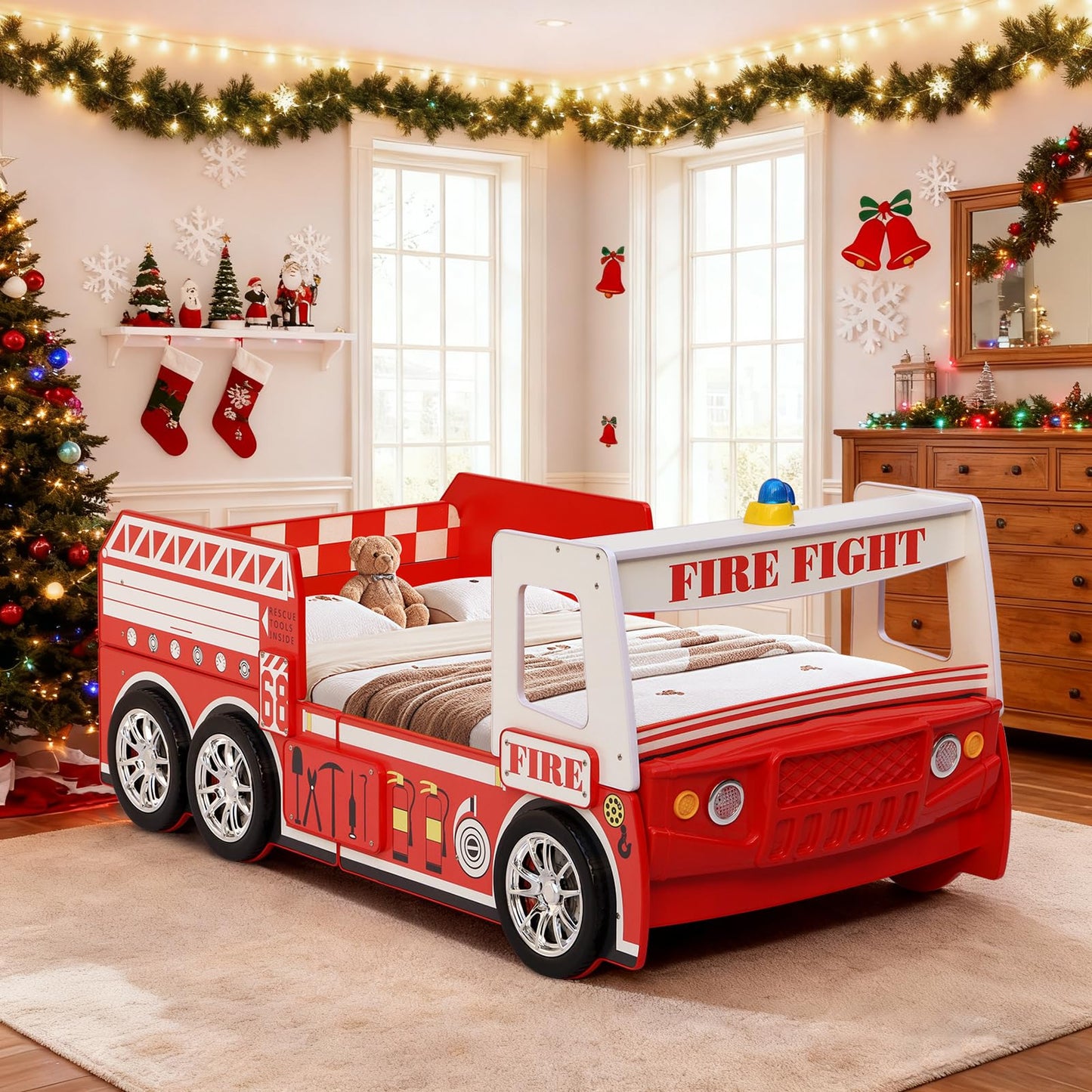 LKTART Twin Size Car Bed for Kids, Fire Truck-Shaped Wooden Platform Bed Frame with LED Lights, Headboard Wheels and Support Slats for Boys Toddlers Child's Bedroom (Red)