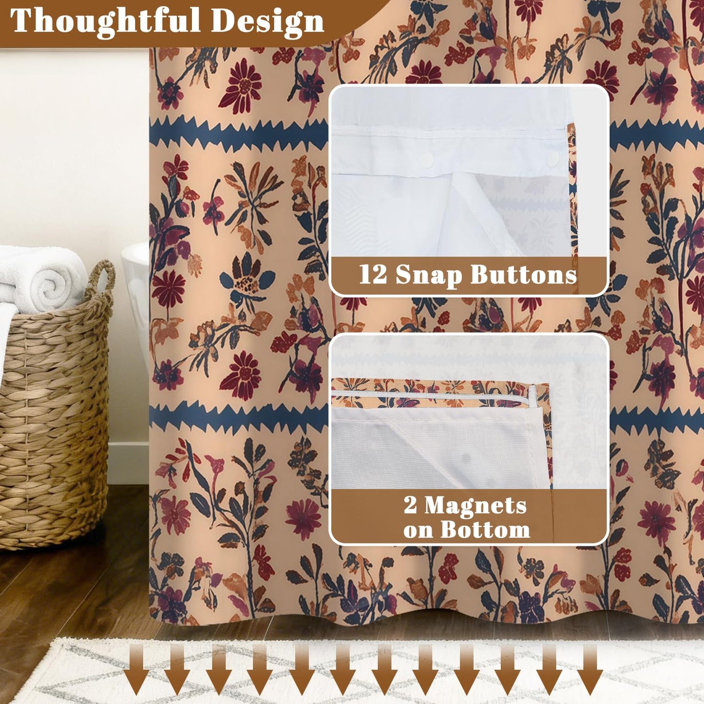 Xiazhilaio Vintage Boho Floral No Hook Shower Curtain with Snap in Liner