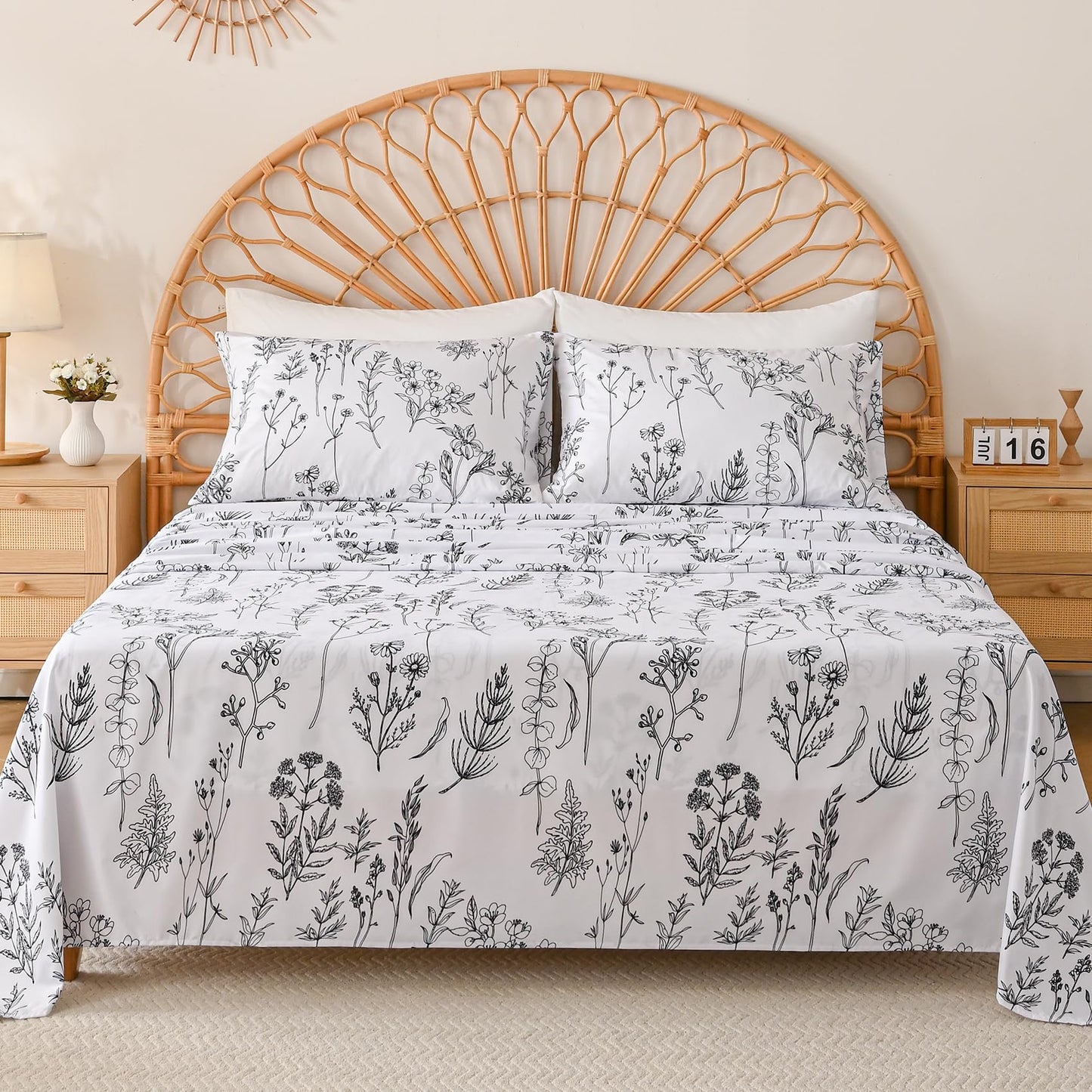 Yibeizi Floral Printed Sheet Set King, Boho Botanical Rustic Pattern Bed Sheets Microfiber Bedding Sheets & Pillowcases Soft 15" Extra Deep Pocket Fitted Bedsheet 4 Piece