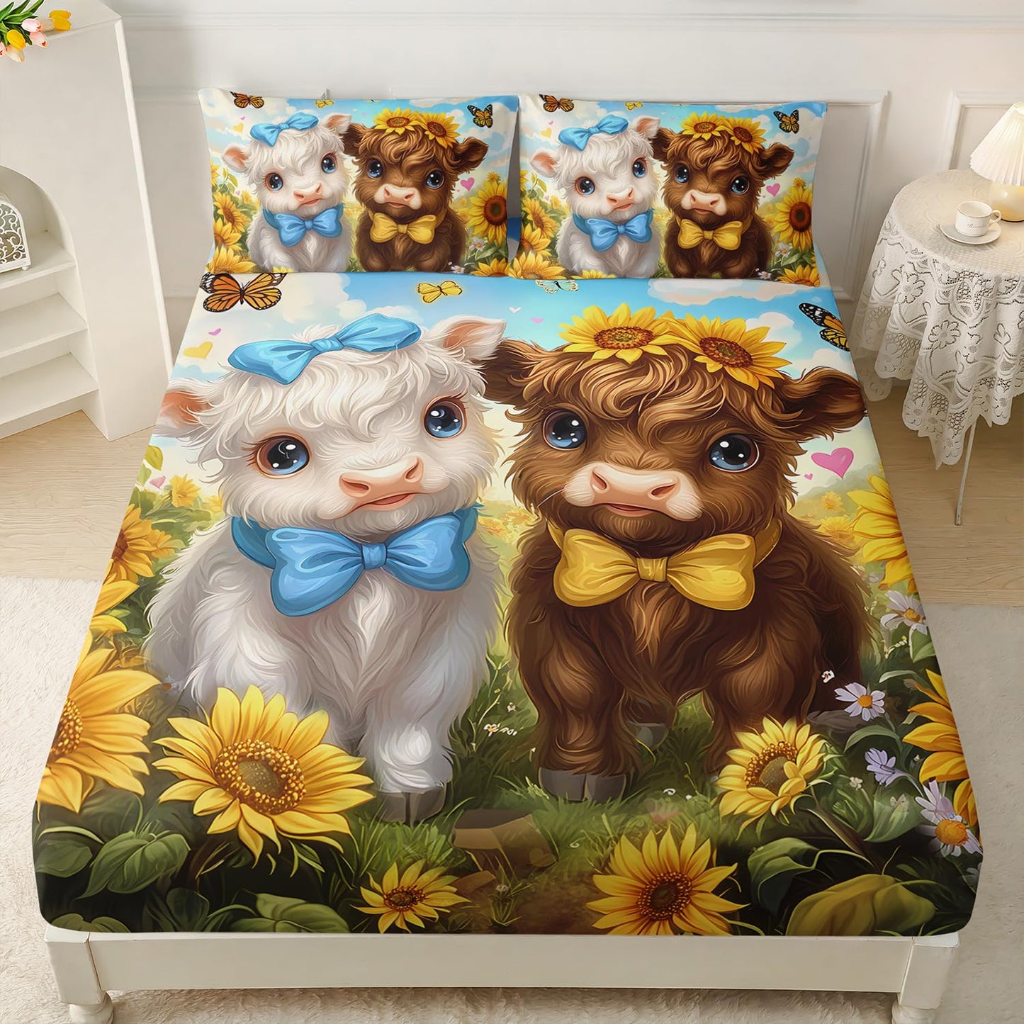 HOSIMA Highland Cow Fitted Sheet Full for Kids,Cute Cows in Sunflowers Field,Butterfly Pattern Animal Themed Kawaii Bedding for Boys Girls Room Decor,1 Fitted Sheet+2 Pillowcases.