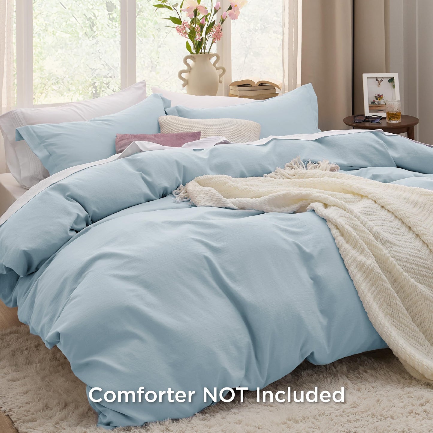 Bedsure Sky Blue Duvet Cover Queen Size - 3 Pieces Prewashed Cotton-Like Polyester Extra Soft Bedding Set, Includes 1 Duvet Cover 90x90 Inches with Zipper Closure & 2 Pillow Shams, No Comforter