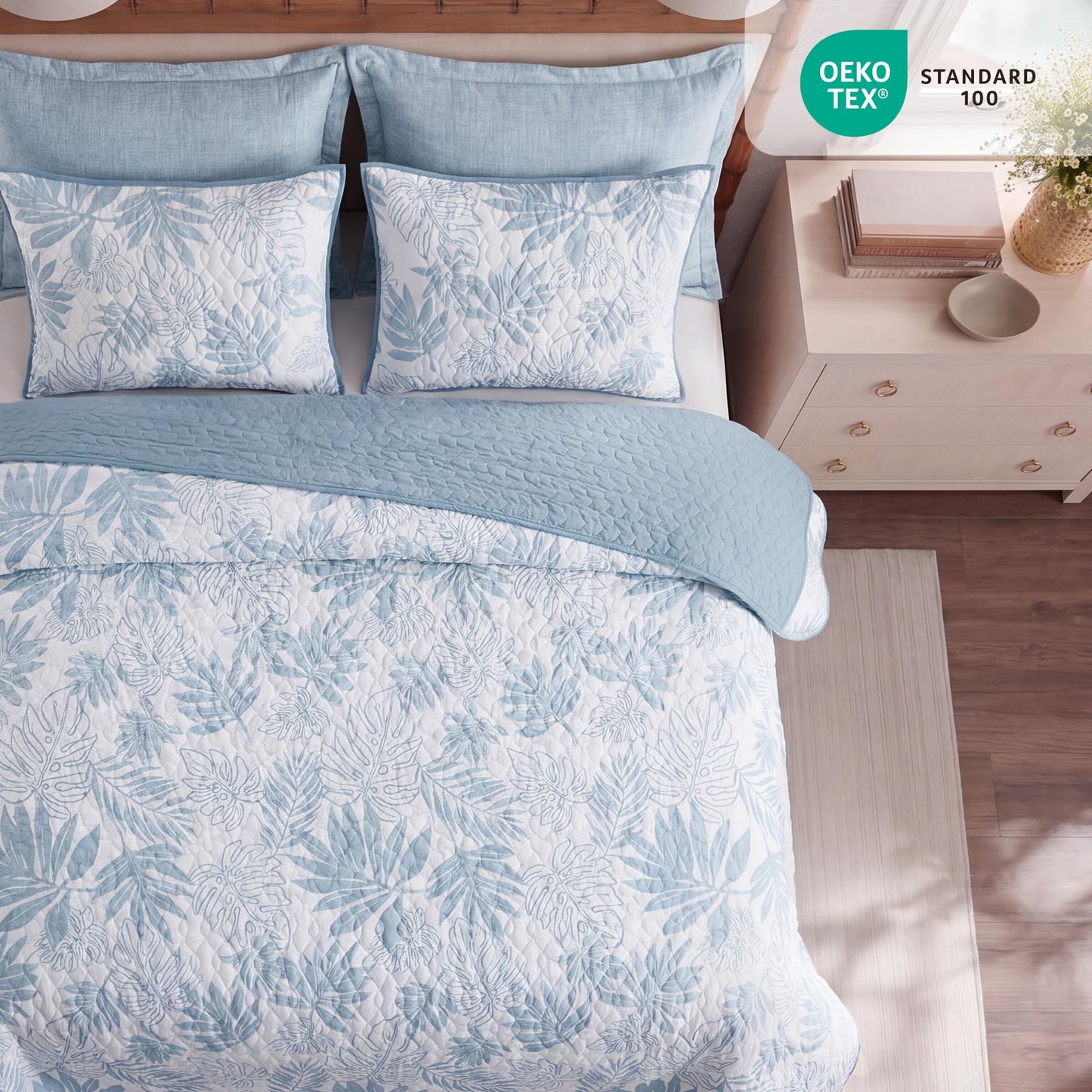 BLOOMHAVEN Quilt Set Queen Size, Moonstone Tropical Quilt Sets, Reversible Bedspread Lightweight and Breathable for All Seasons, Soft Quilted Bedspread with 2 Pillow Shams