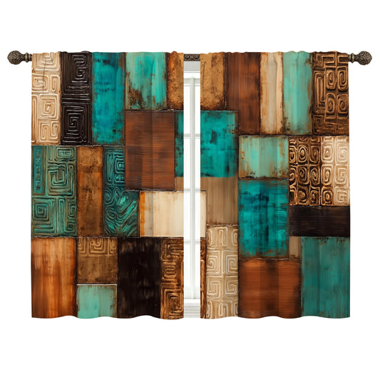 bassyil Vintage Geometric Teal Kitchen Curtains Cafe Curtains for Bathroom Dining Room Living Room Farmhouse Pocket Window Drapes 2 Panels Set Blackout Curtain 28"x36"