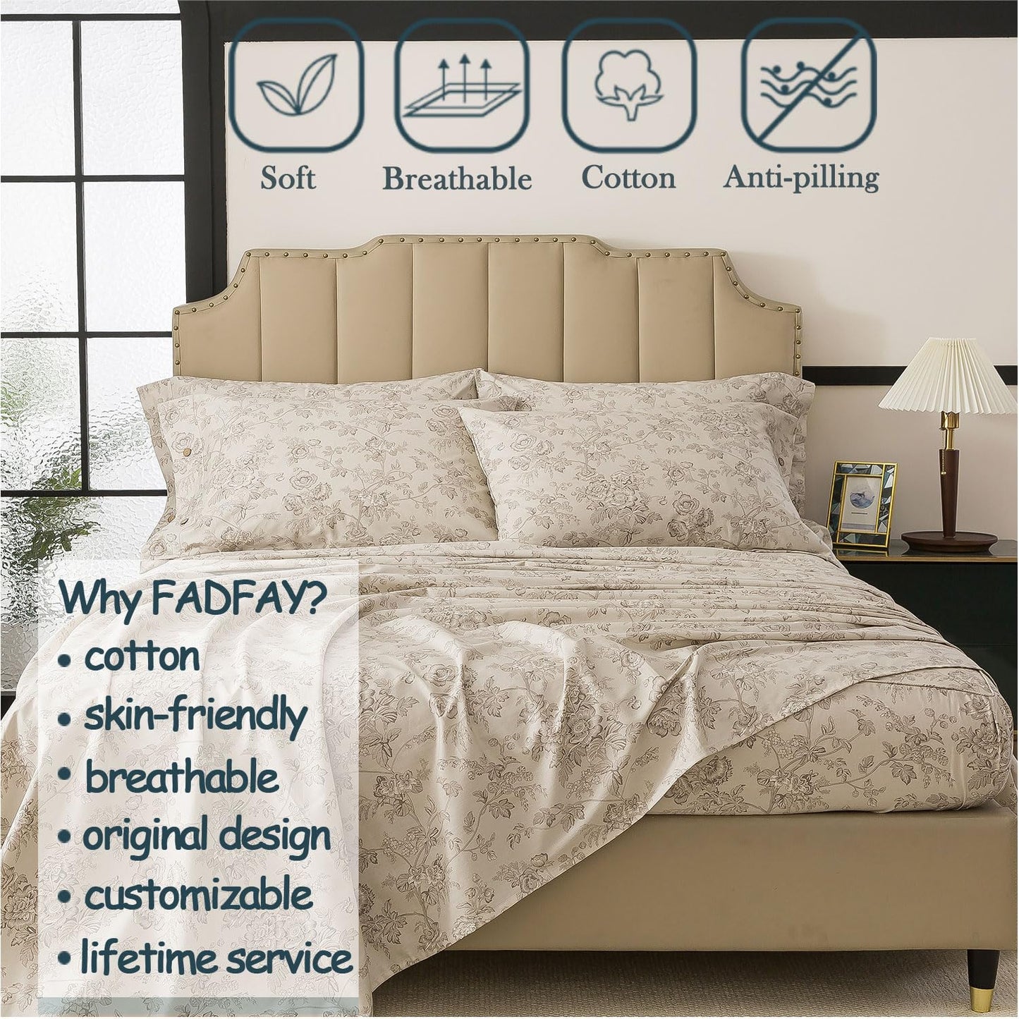 FADFAY Luxury 100% Cotton Percale Queen Sheet Set – 4-Piece Vintage Botanical Floral Bedding, Hotel-Quality Crisp & Breathable Sheets, Deep Pocket Fitted Sheet, Elegant French Country Cottage Style