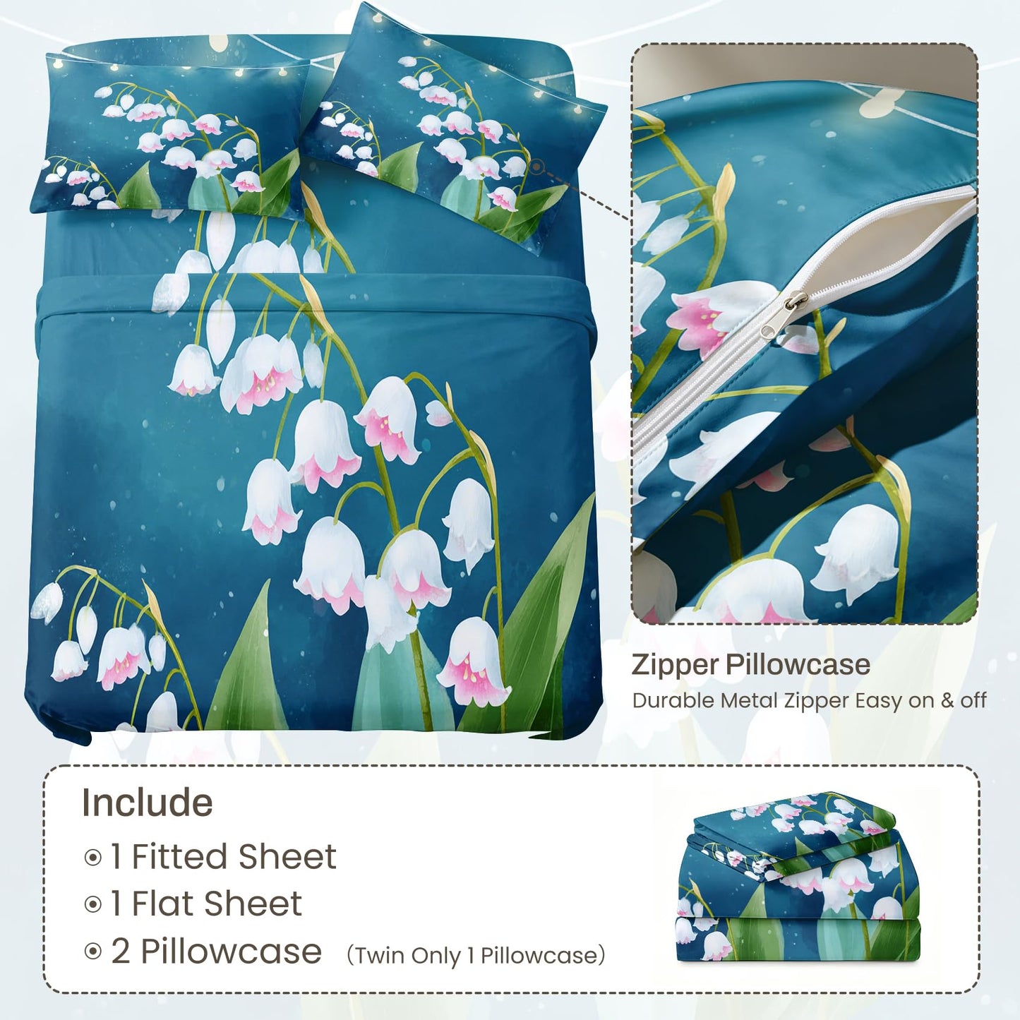 Lily of The Valley‌ King Sheet Set Flower Flat Fitted Sheet Sets