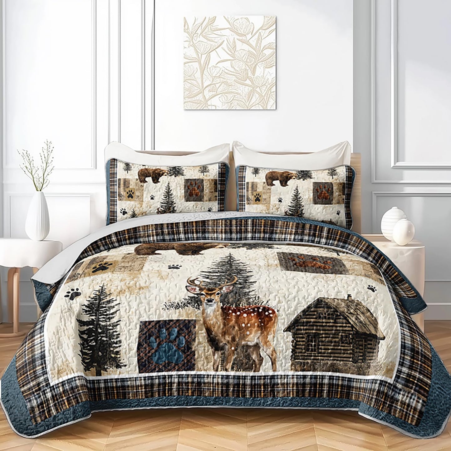 Tuzaovy Bear Deer Quilt Set Queen Size,Rustic Animal Bear Paw Printed Bed Cover Set for Boys Girls Room Decor,Rustic Farmhouse Quilt Bedding,Country Woodland Pine Tree Bedspread Bedroom Decor