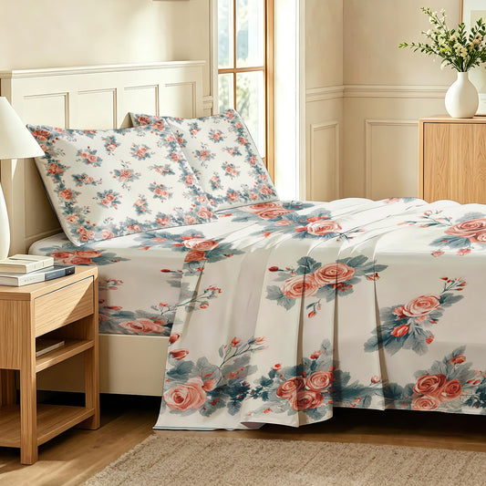 Pink Roses Sheet Set, 4 Pcs Full Size Girls Floral Bed Sheets
