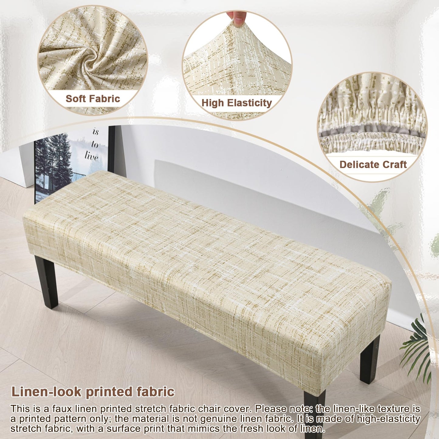 SearchI Dining Bench Cover, Stretch Washable Long Bench Seat Covers, Rectangle Dining Table Bench Slipover for Dining Room, Living Room, Kitchen(Beige Linen-Look Print)