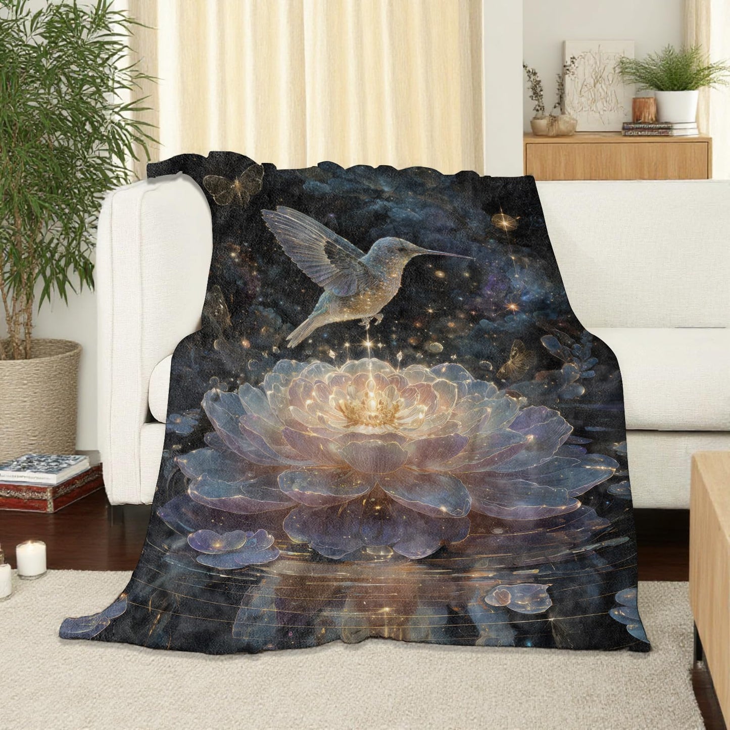 SOMEKLLY Bird Hummingbird Throw Blanket Soft Cozy Lightweight Flannel Blankets with Glowing Lotus Flower Night Sky Background Printed for Nature Lovers Bedroom Dorm Office Home Decor Gifts 50x60 Inch